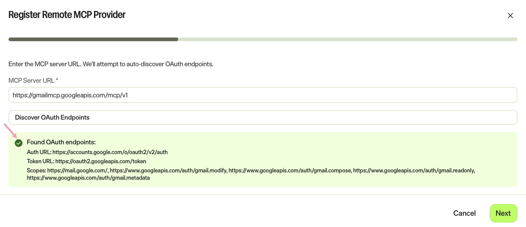 Screenshot of the Register Remote MCP Provider page with the Found OAuth endpoints and Scopes highlighted.