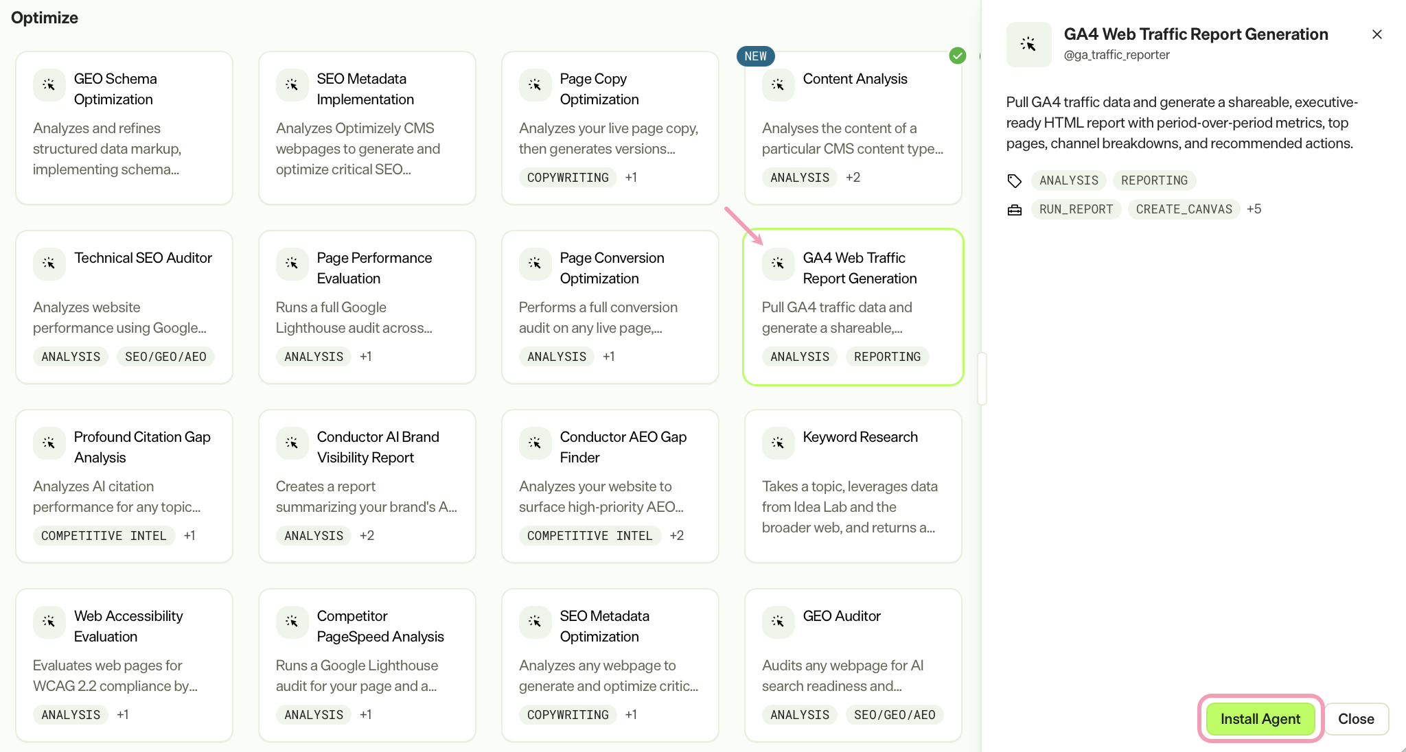 screenshot of the GA4 Web Traffic Report Generation entry in the Opal Agent Directory where Install Agent is highlighted