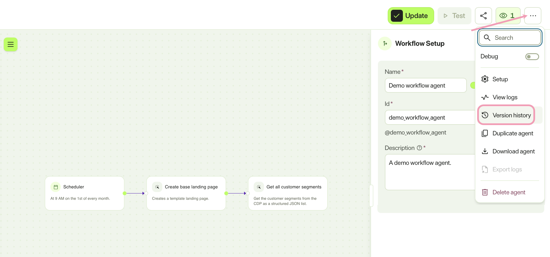 Screenshot of a workflow agent's details page with Version history highlighted.