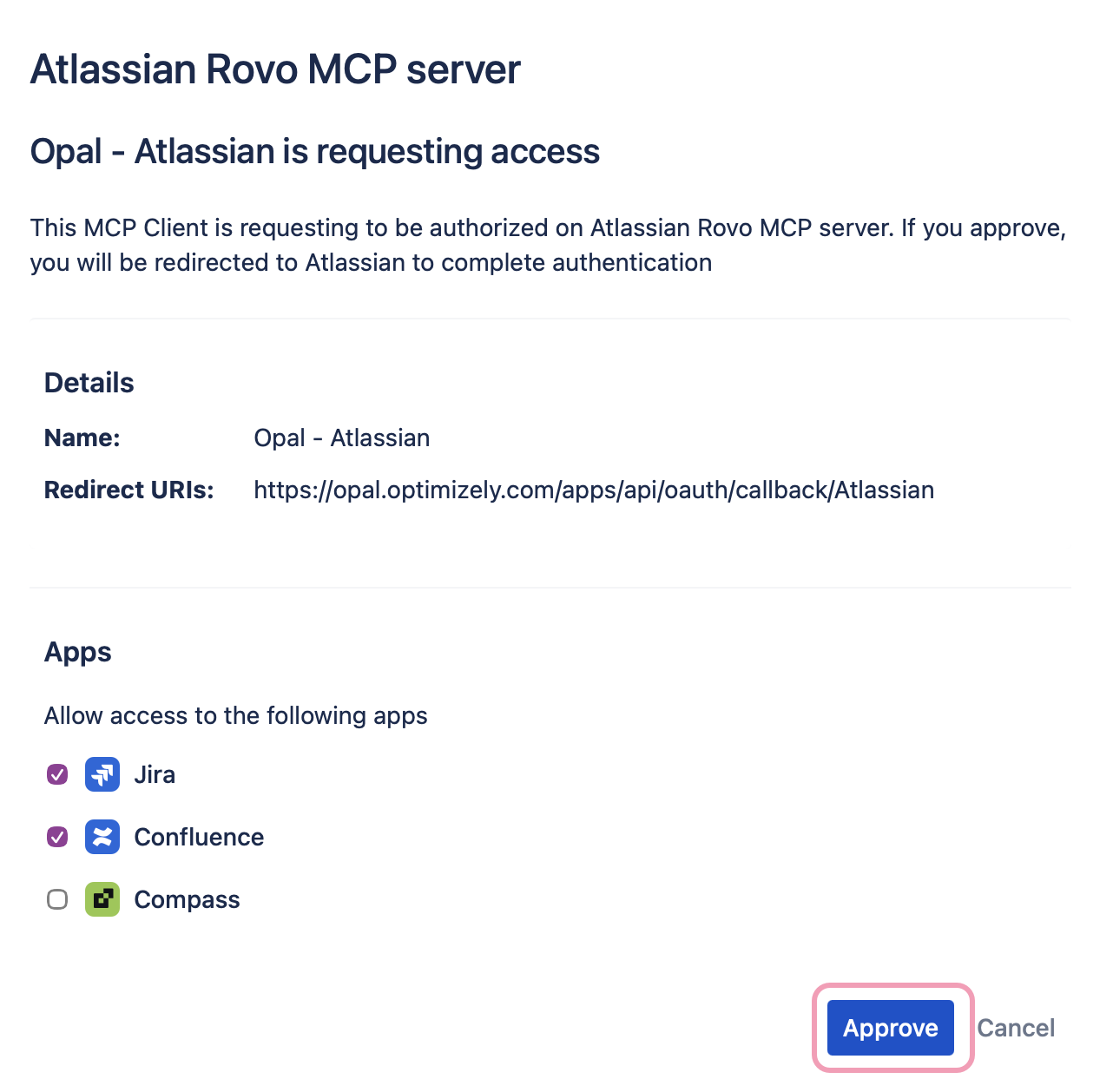 Screenshot of the Atlassian Rovo MCP server connection page with Approve highlighted.
