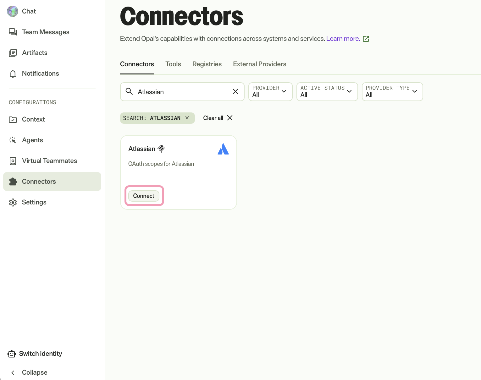 Screenshot of the Opal Connectors page where Connect for Atlassian is highlighted