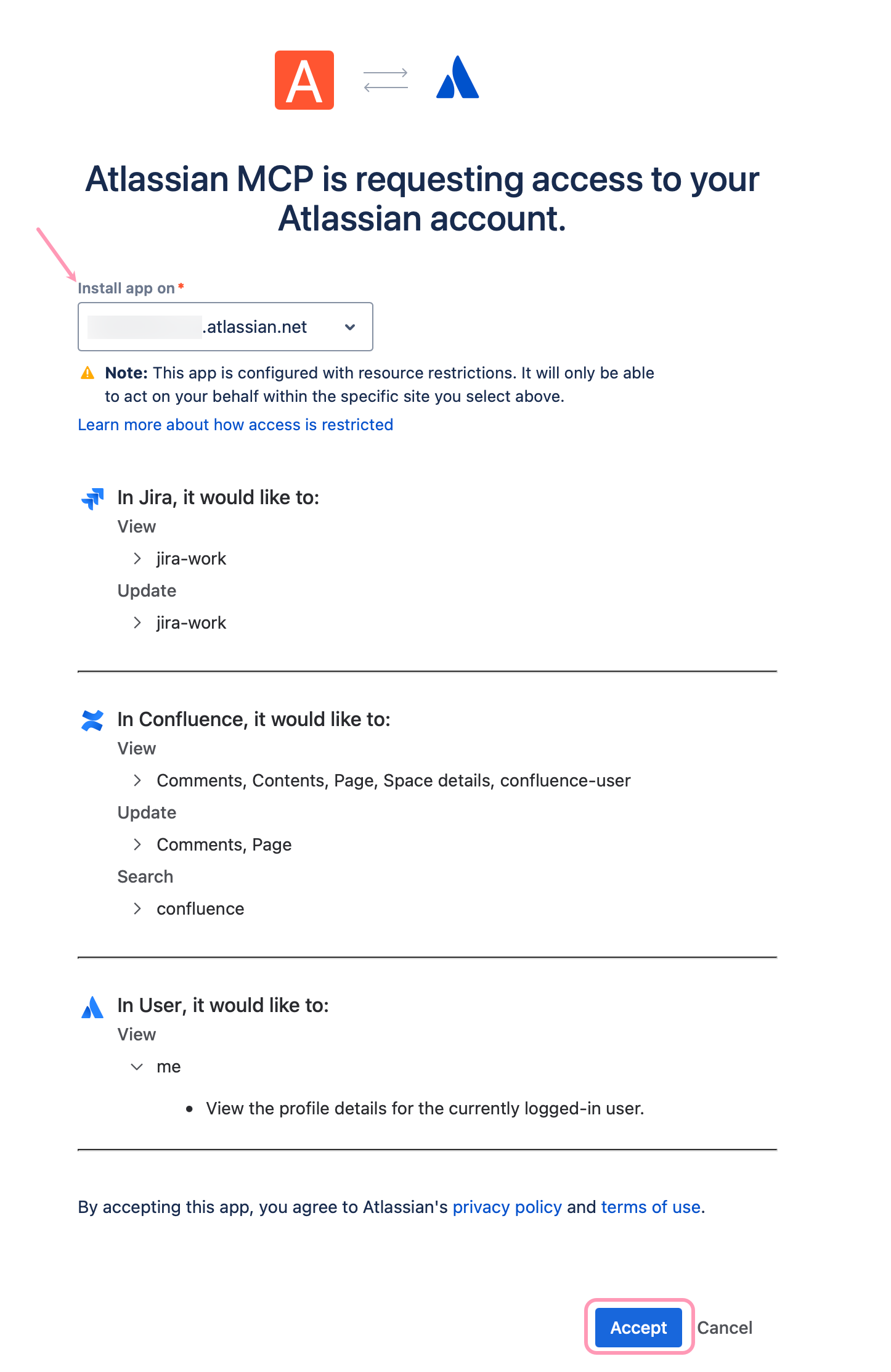 Screenshot of the Atlassian site selection page where Accept is highlighted