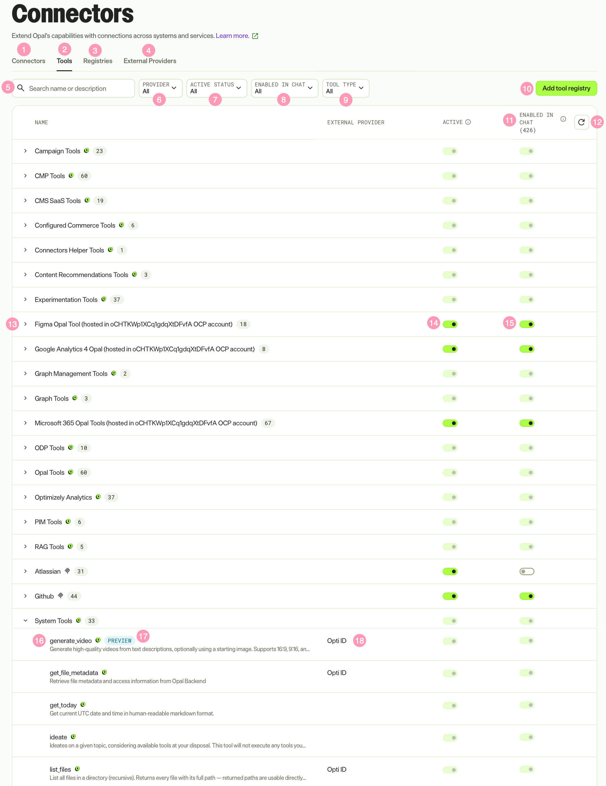 Screenshot of the Opal Tools tab where the filters and tool registry list are numbered