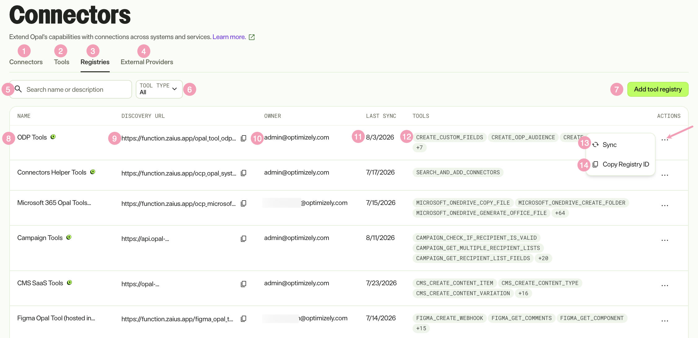 Screenshot of the Opal Registries tab where the filters and registry list columns are numbered
