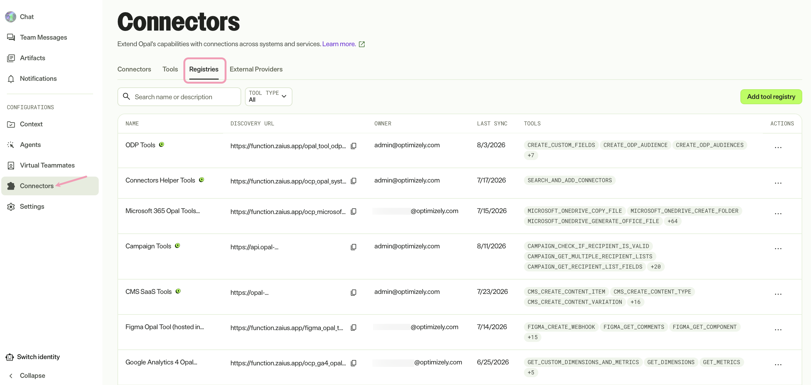 Screenshot of the Opal Connectors page with the Registries tab highlighted.