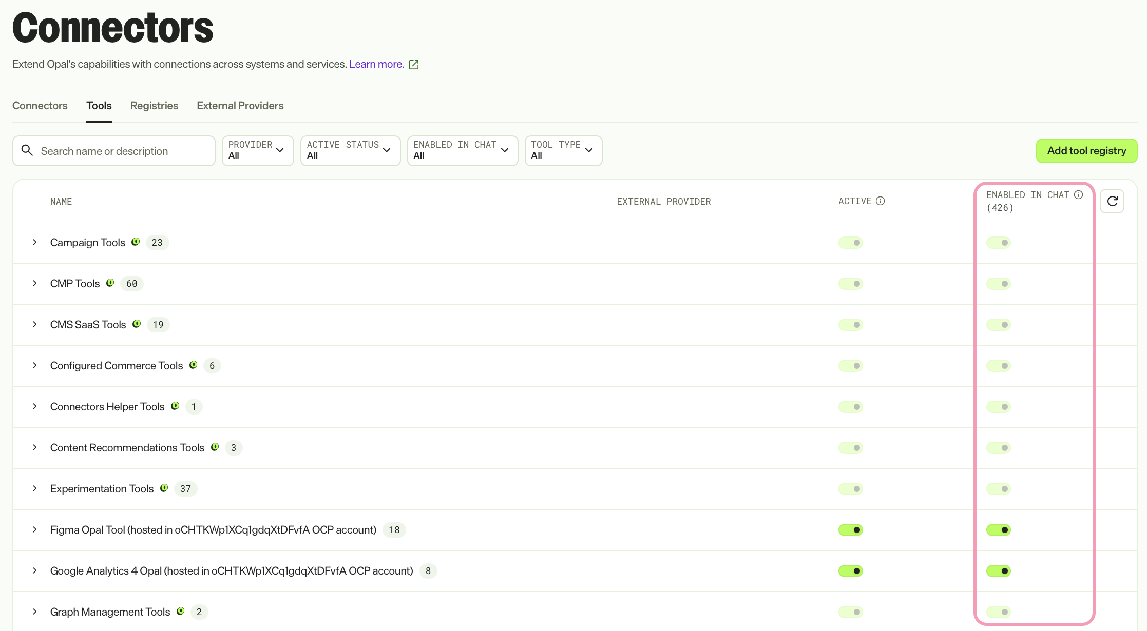 Screenshot of the Opal Connectors page with the Tools tab selected where the Enabled in Chat toggle is highlighted for an individual tool and a tool registry