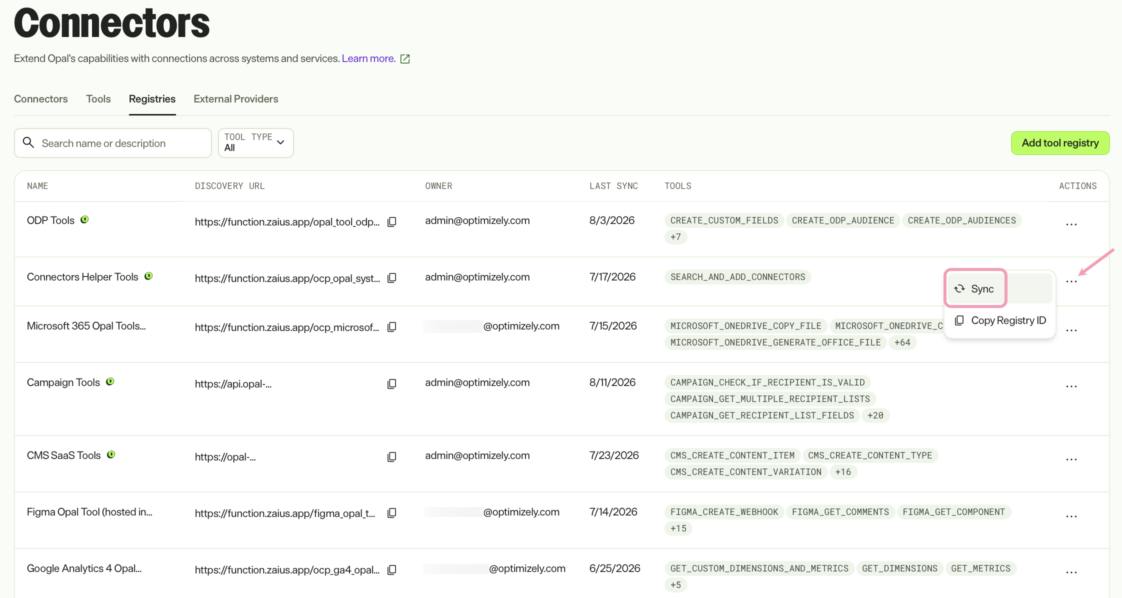 Screenshot of the Registries tab where the More menu is open on a registry and the Sync option is visible
