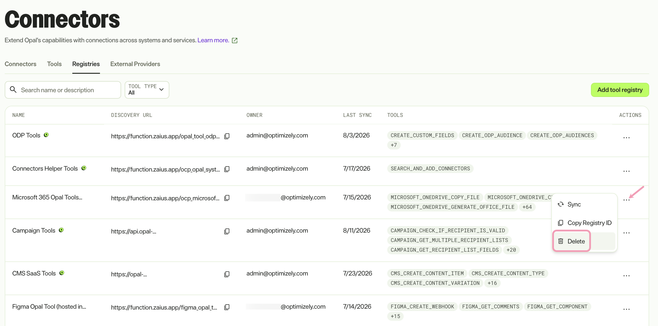 Screenshot of the Registries tab where the More menu is open on a registry and the Delete option is visible