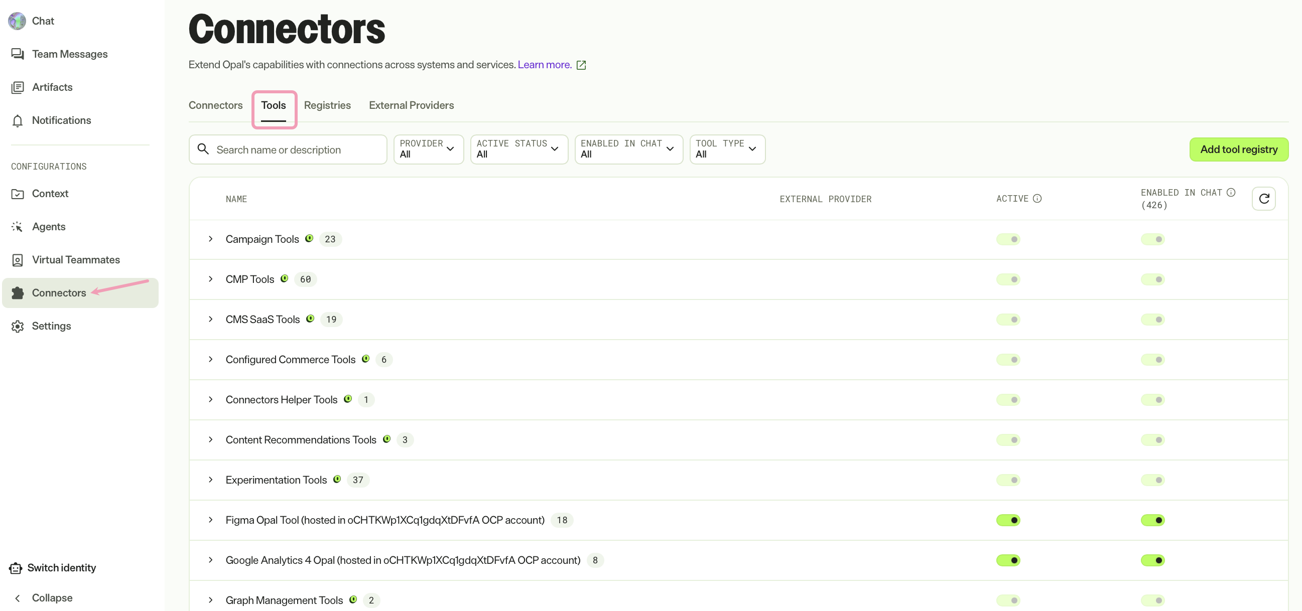 Screenshot of the Opal Connectors tab where the Tools tab is highlighted and the tools are listed by registry.