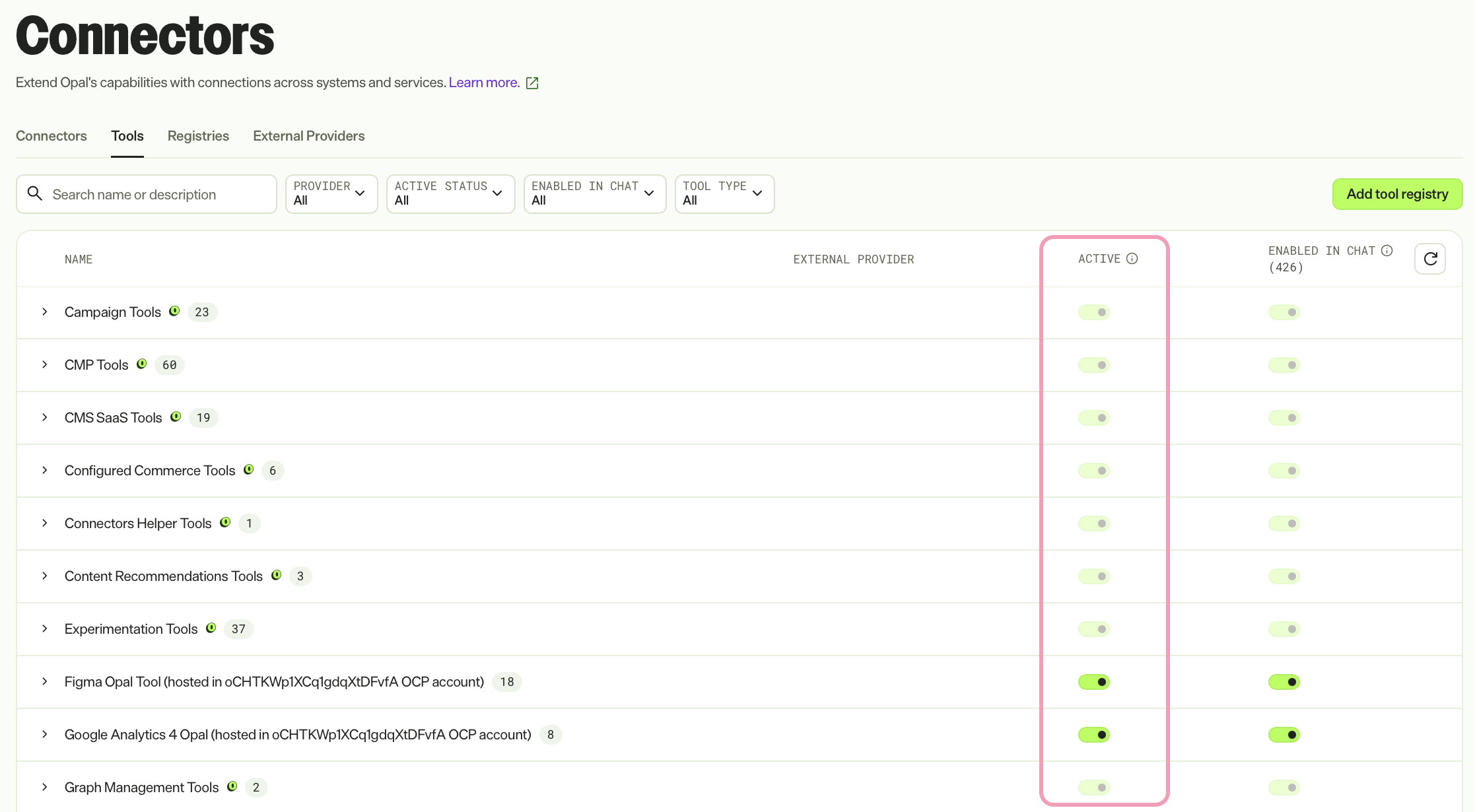 Screenshot of the Opal Connectors page with the Tools tab selected and where the Active toggle is highlighted for an individual tool and a tool registry