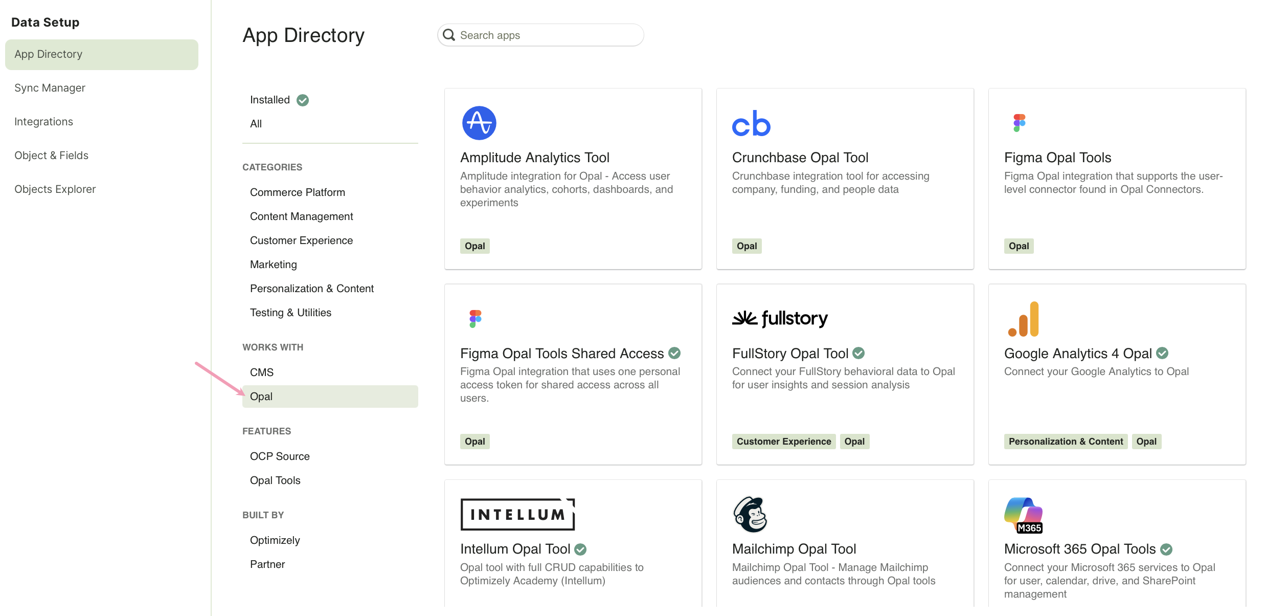 Screenshot of the OCP app directory with the works with Opal highlighted.