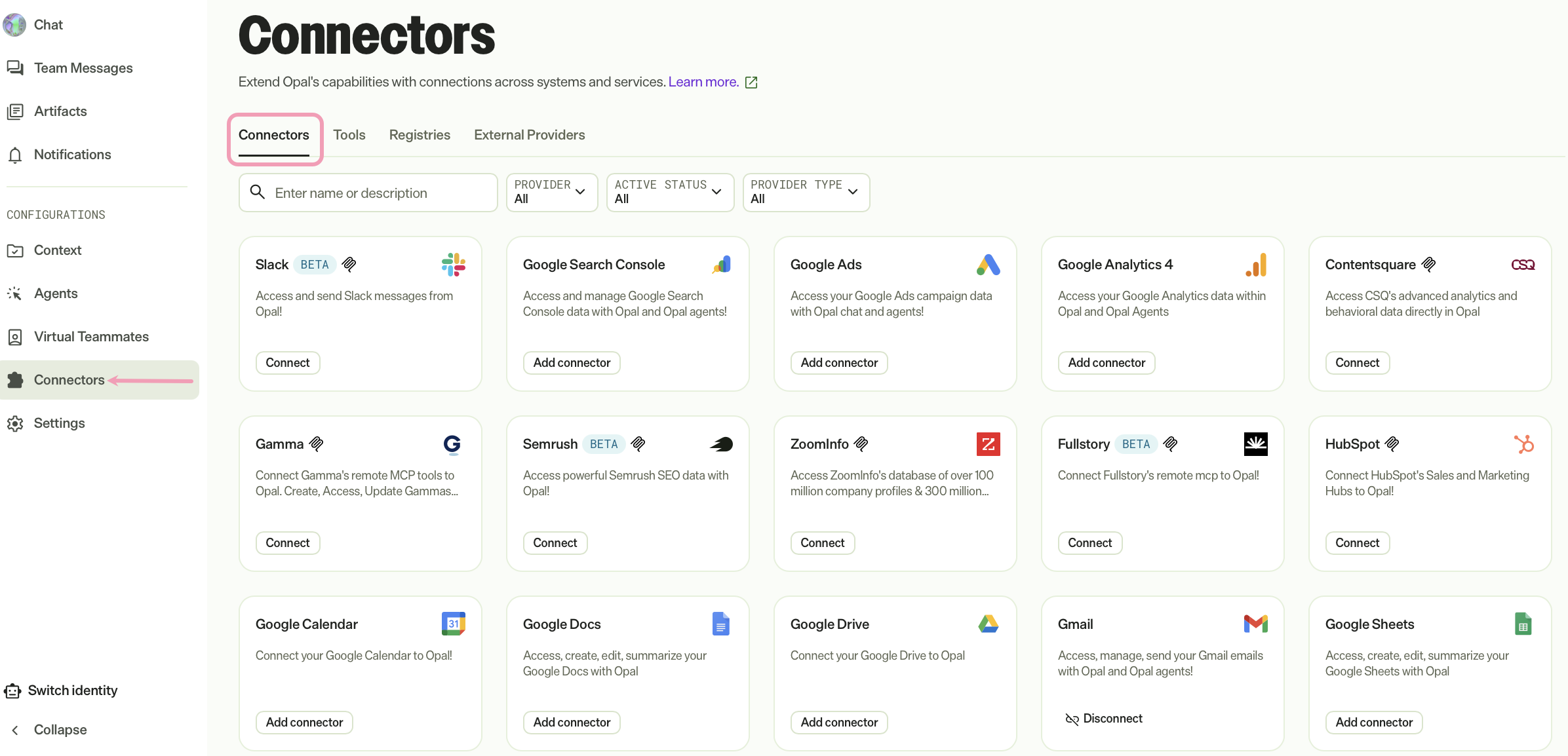 Screenshot of the Connectors tab where connector tiles are displayed for user authentication