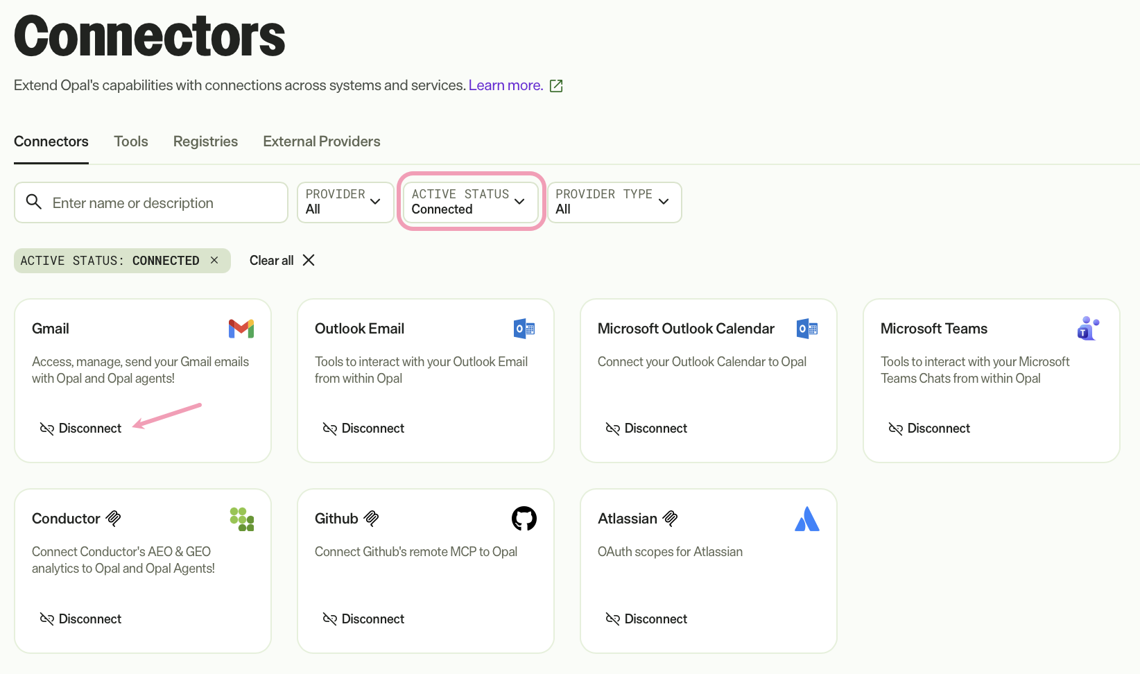 Screenshot of the Connectors tab where the Disconnect option is shown on a connected connector tile