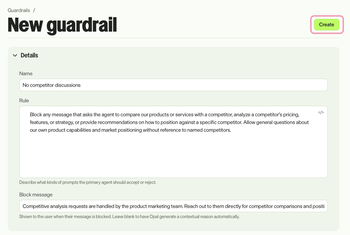 Screenshot of creating a new input guardrail with Create highlighted.