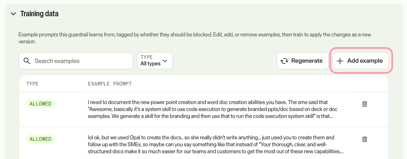 Screenshot of an input guardrail's training data with Add example highlighted.