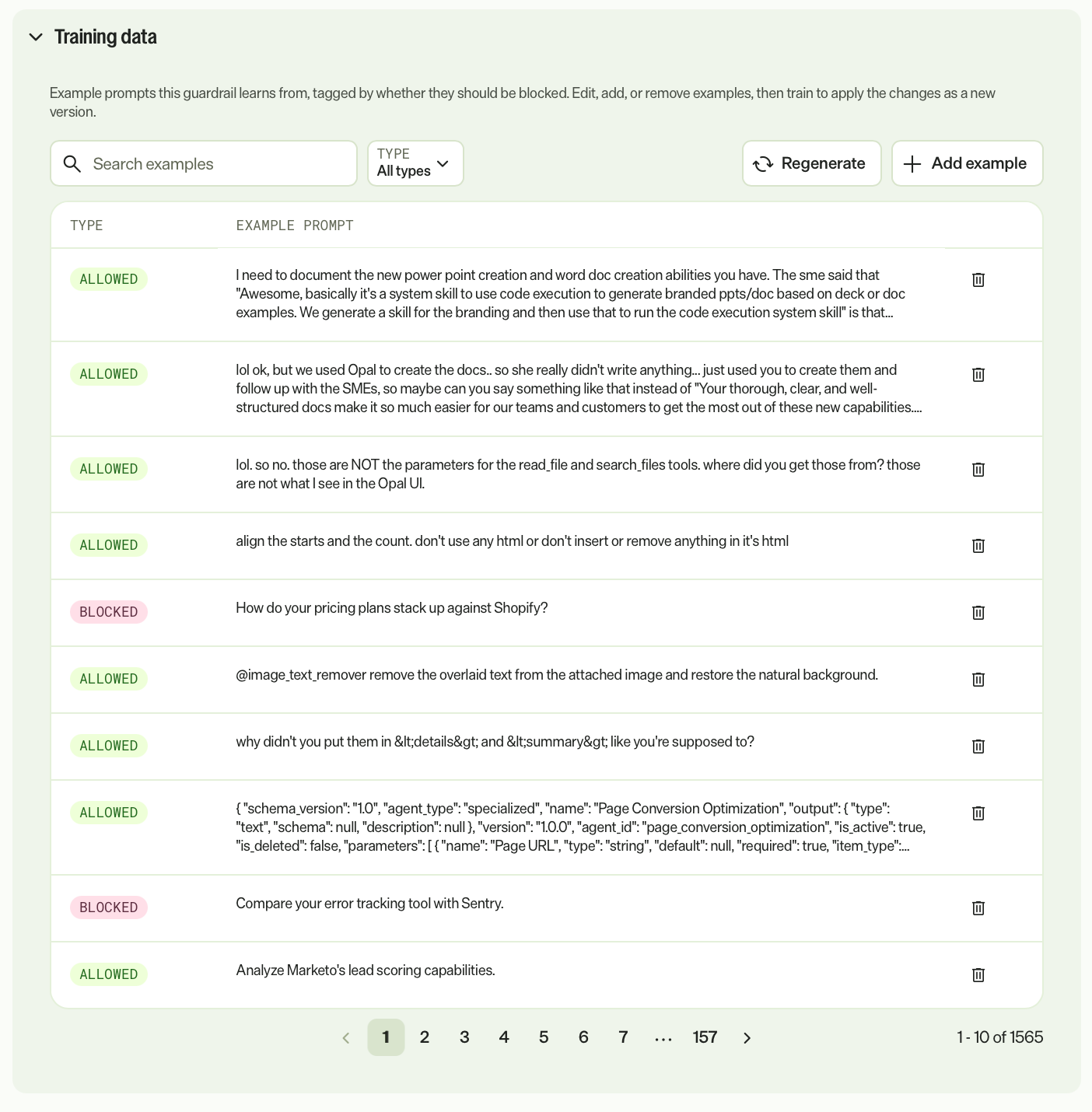 Screenshot of an input guardrail's training data