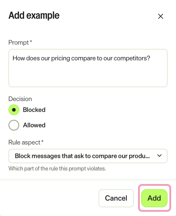 Screenshot of an input guardrail's add example training data