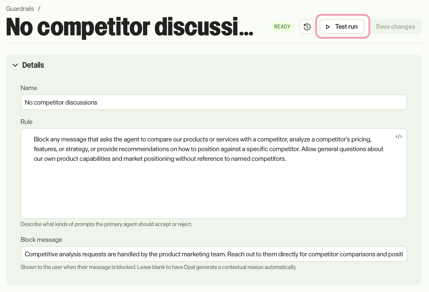 Screenshot of a Ready Input Guardrail with Test Run highlighted.