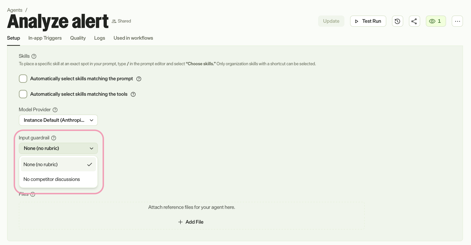 Screenshot of a specialized agent with the Input guardrail drop-down list expanded and highlighted.