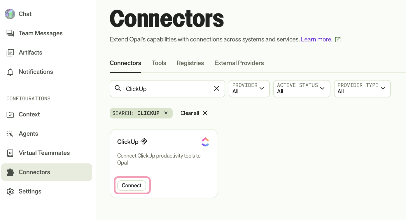 Screenshot of the Connectors tab with Connect for ClickUp highlighted.