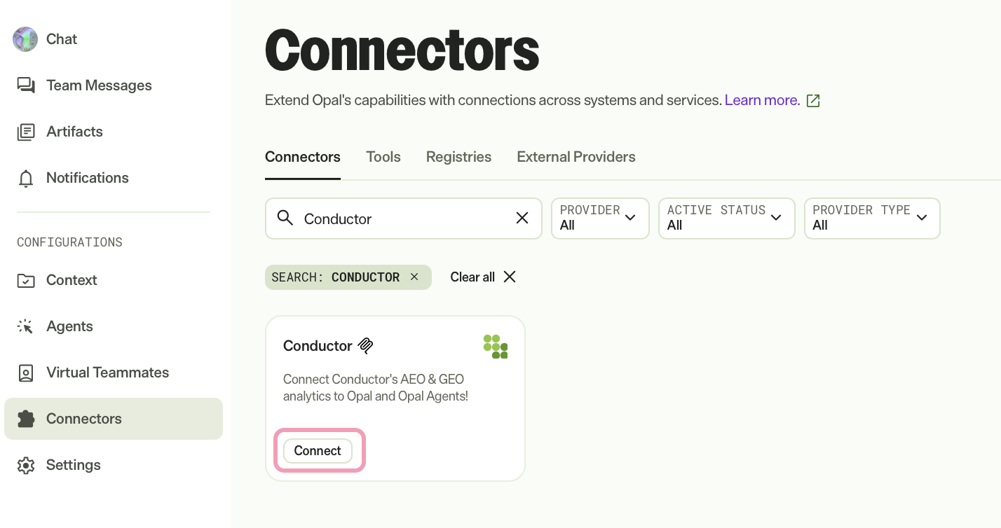 Screenshot of the Connectors tab with Connect for Conductor highlighted.