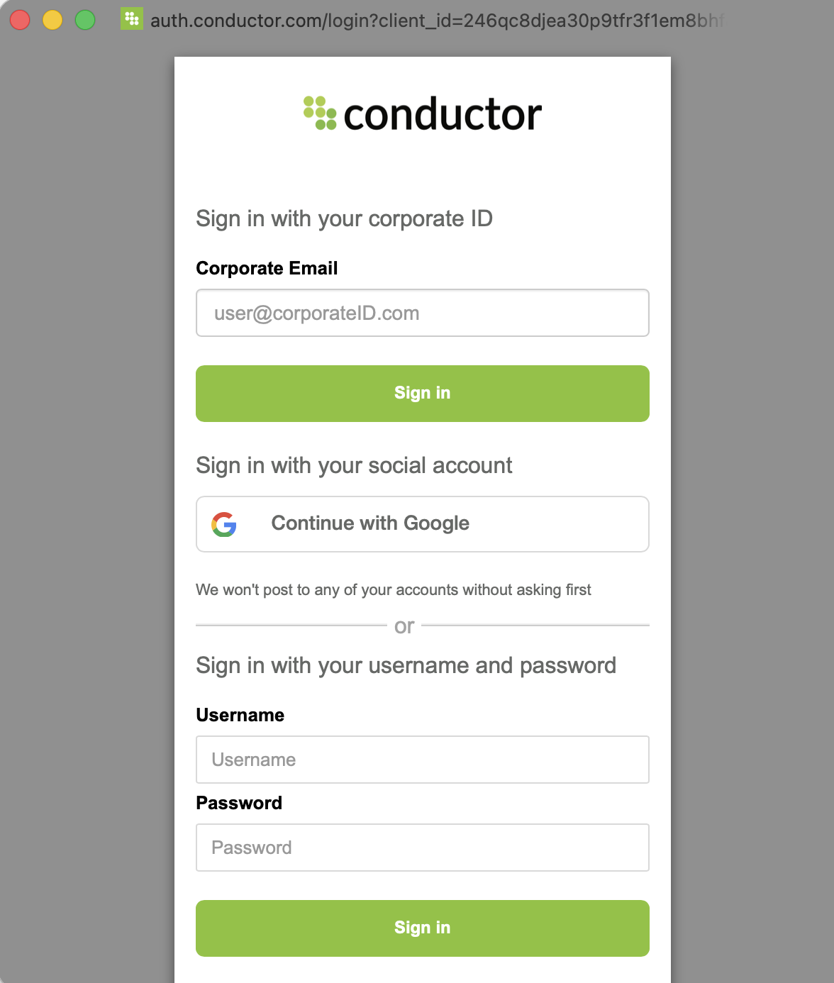 Screenshot of the conductor login page.