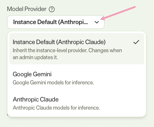 Screenshot of the LLM Provider drop-down list in a specialized agent showing the available LLM model options.