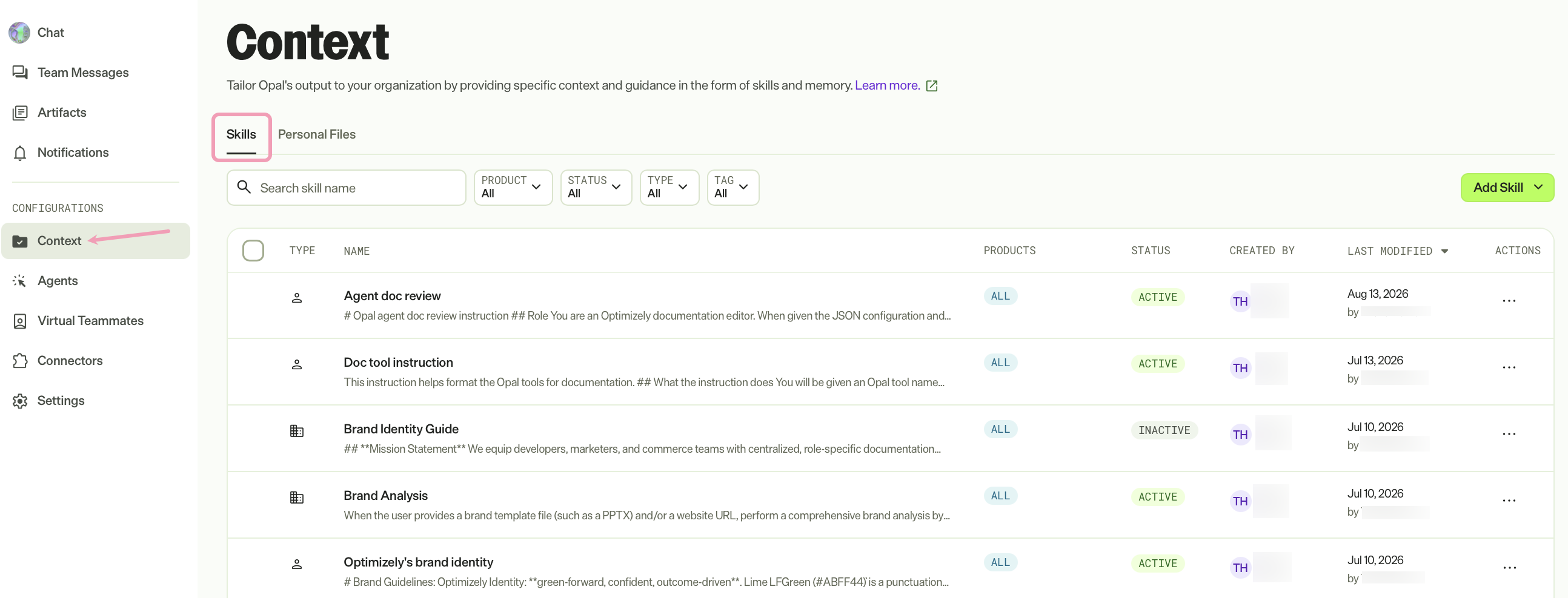Screenshot of the Context page with the Skills tab highlighted.