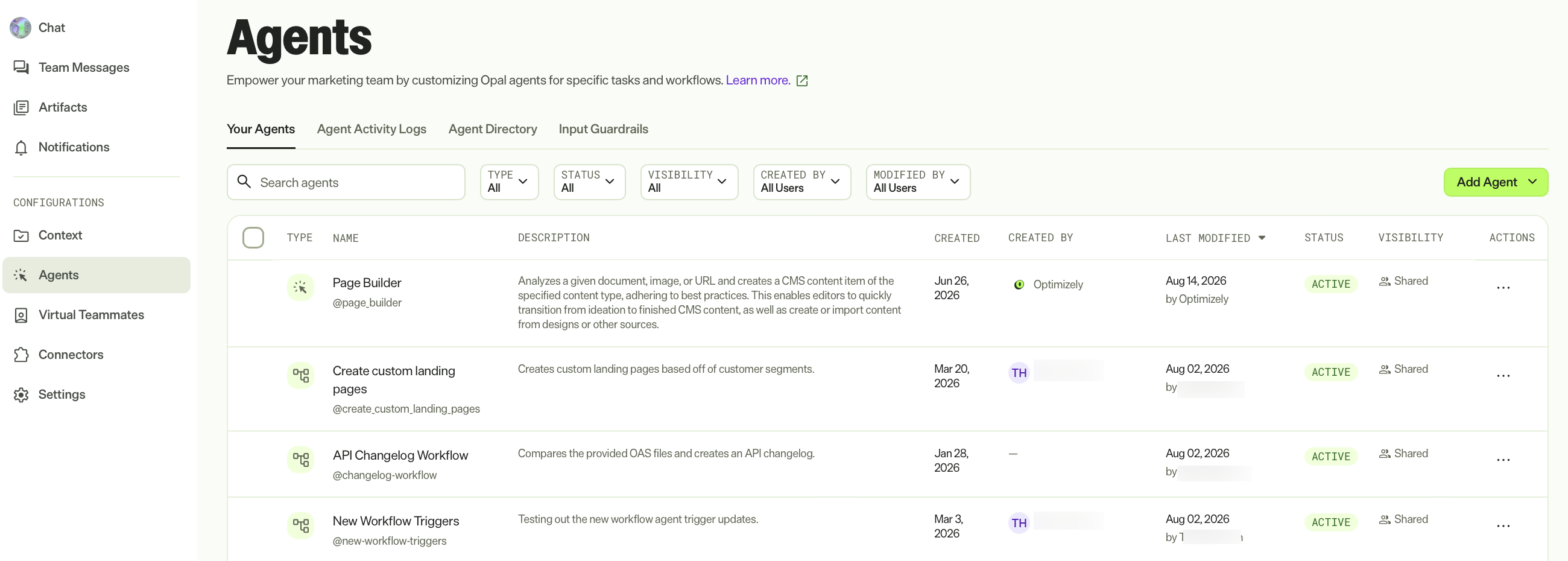 Screenshot of Opal with the Agents page selected.