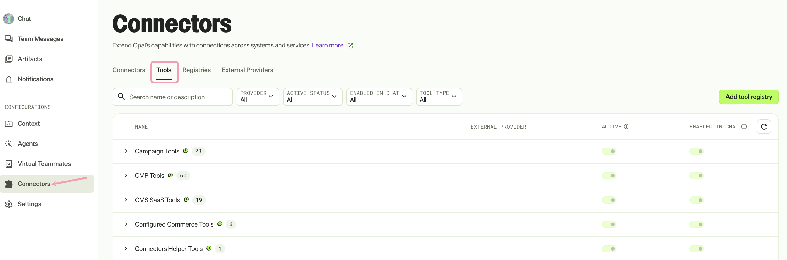 Screenshot of Opal with the Connectors > Tools page selected.
