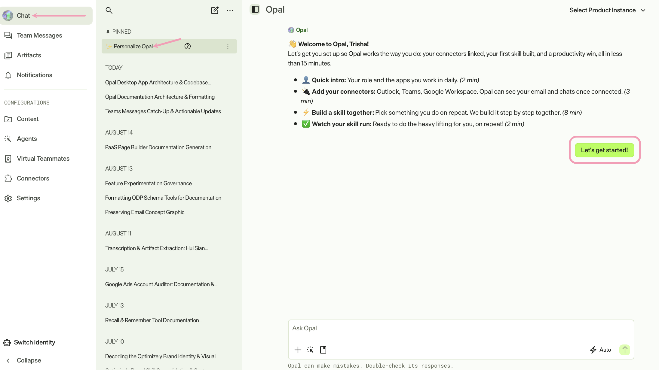 Screenshot of the Opal interface where Opal Chat, Personalize Opal under Pinned, and Let's get started are highlighted