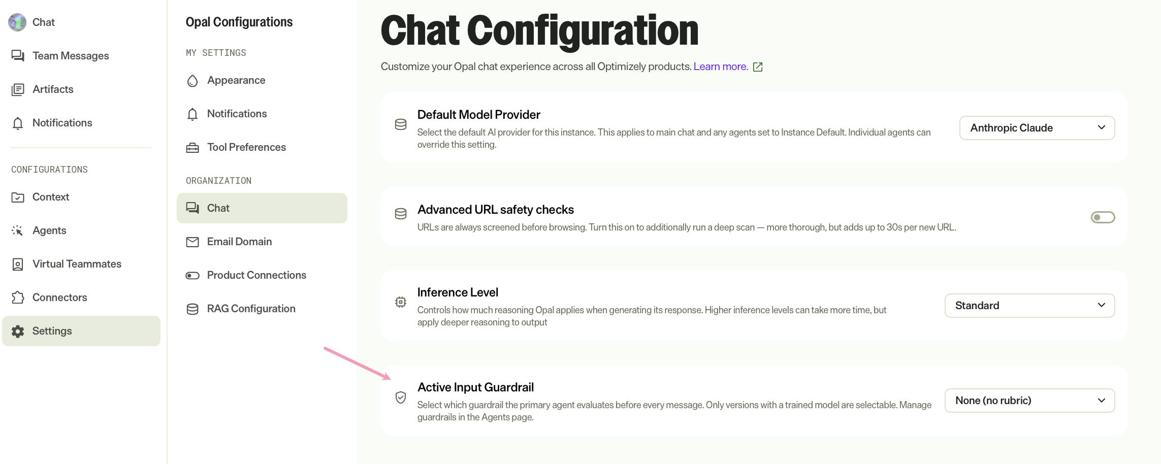  Screenshot of Settings > Chat where the Active Input Guardrail setting is shown.