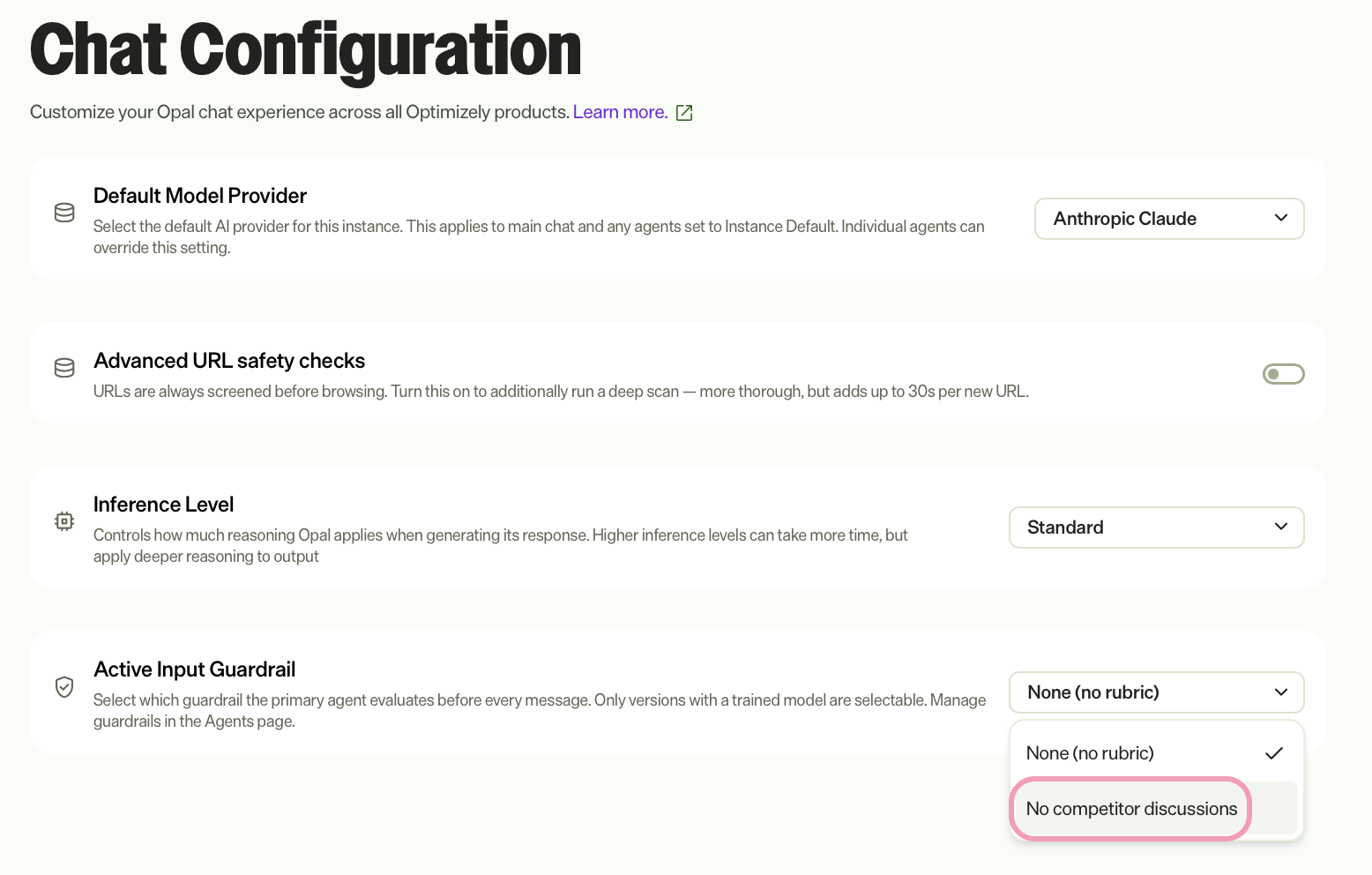 Screenshot of the Active Input Guardrail drop-down list with a trained guardrail selected.