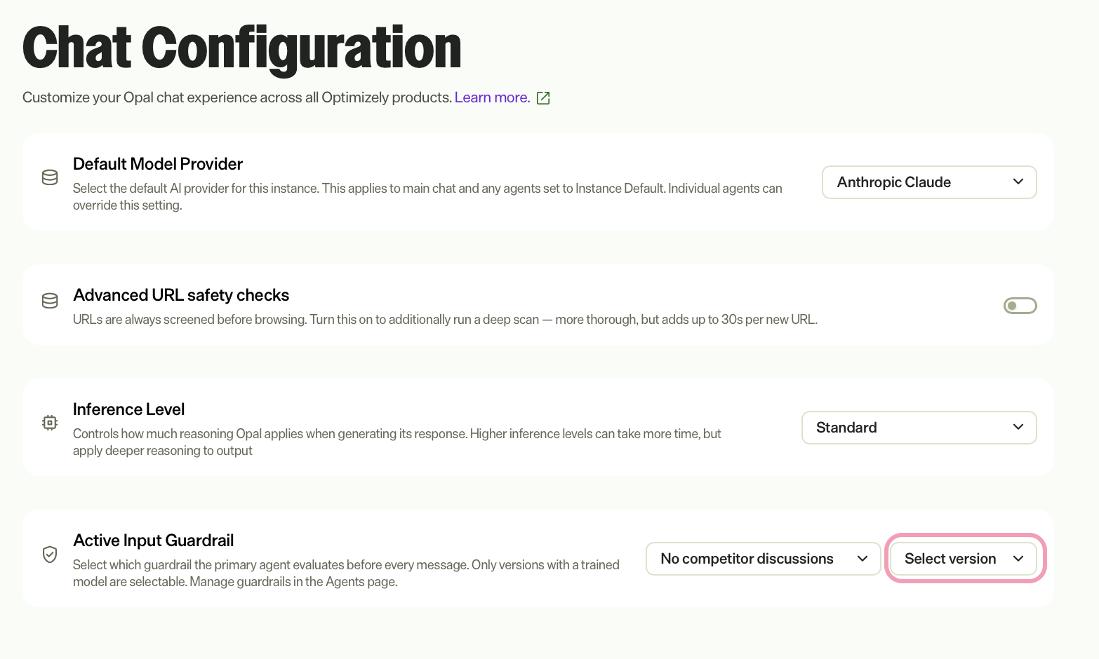 Screenshot of the Activate Input Guardrail drop-down list showing Select version.