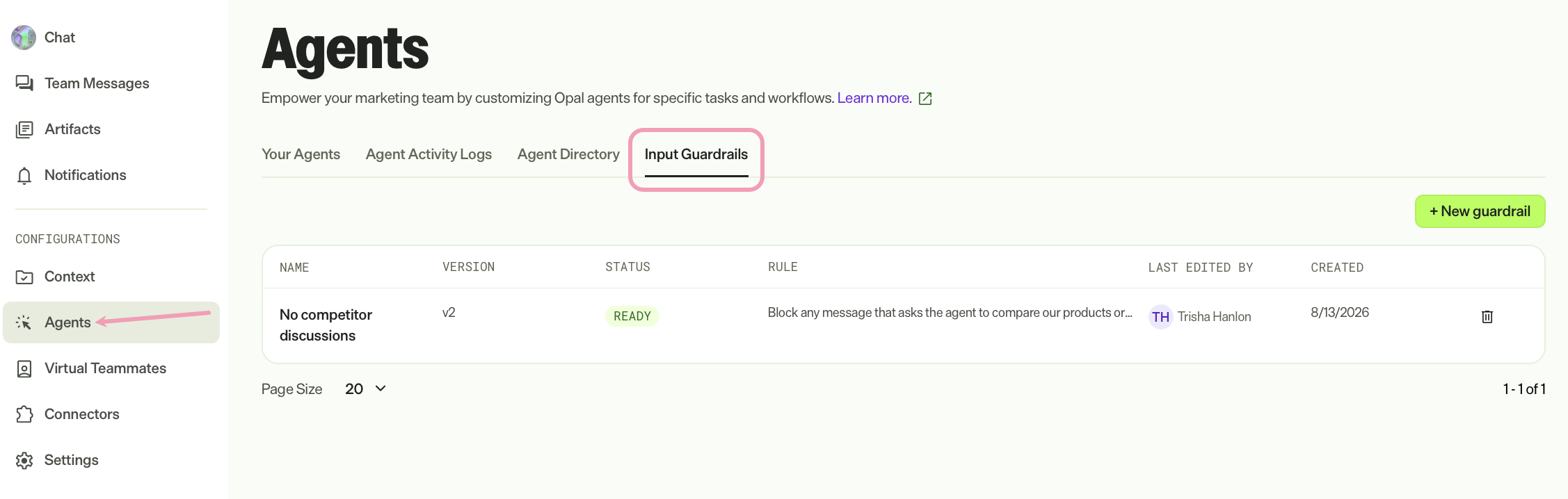 Screenshot of Agents > Input Guardrails with the Input Guardrails tab selected.