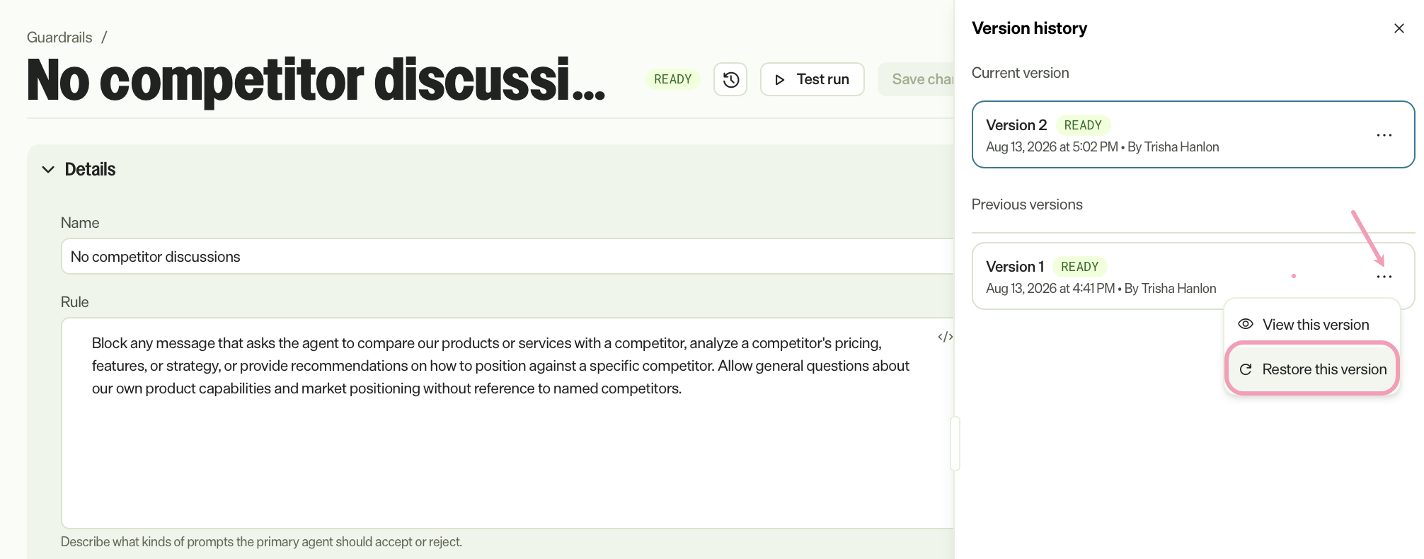 Screenshot of an input guardrail's Version history with more options displayed for one version with Restore this version highlighted.