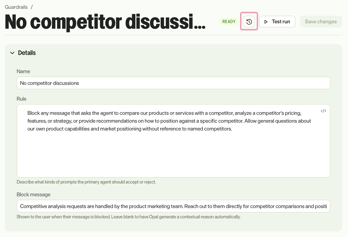 Screenshot of a version history of an input guardrail with Version history highlighted.