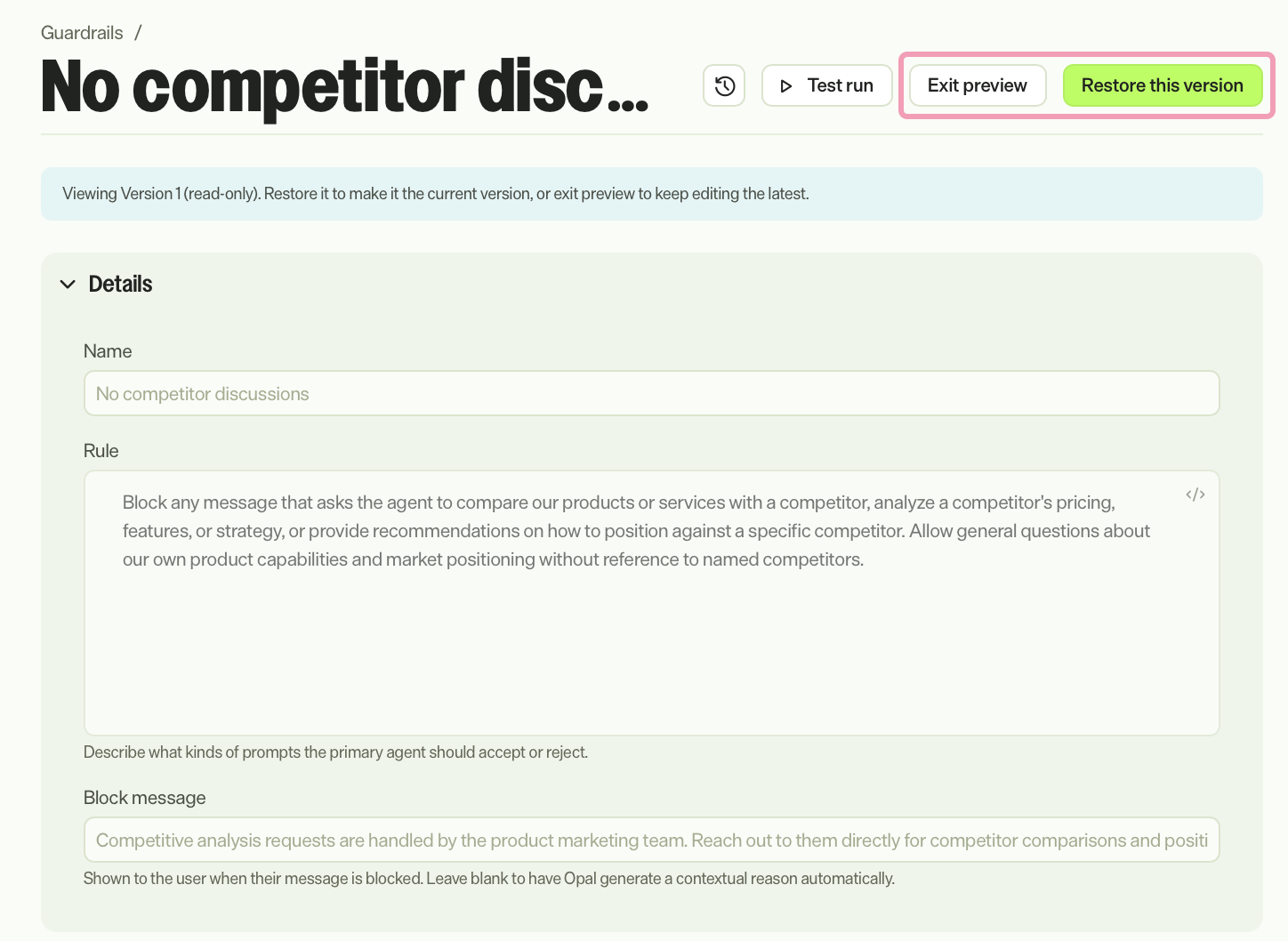 Screenshot of a Version read-only version with Exit Preview and Restore this version highlighted.