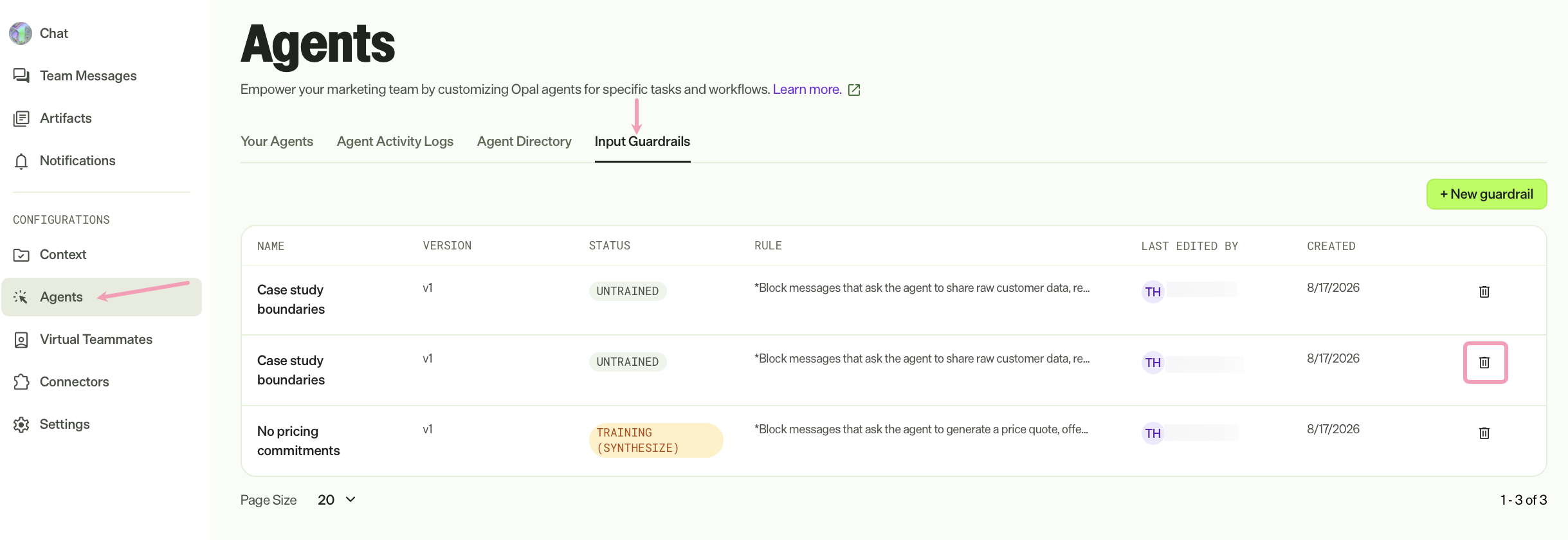 Screenshot of the Input Guardrails tab with delete highlighted.