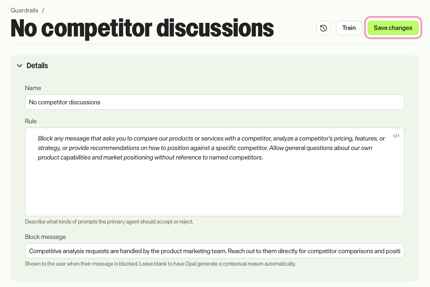 Screenshot of an edited input guardrail with Save changes highlighted