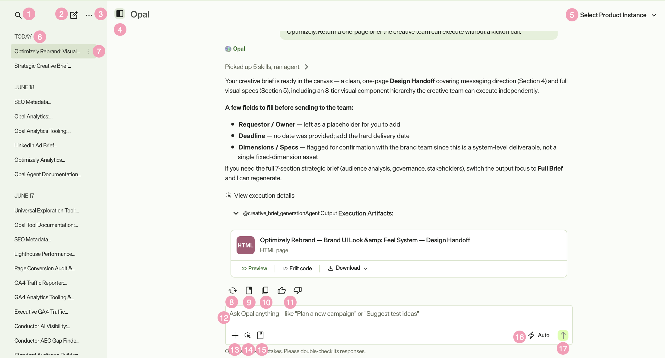 Screenshot of Opal Chat on the Opal website showing the full chat interface with numbered callouts for each UI element