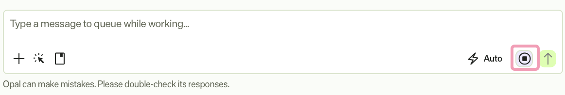 Screenshot of the Opal Chat with submit and stop highlighted. 