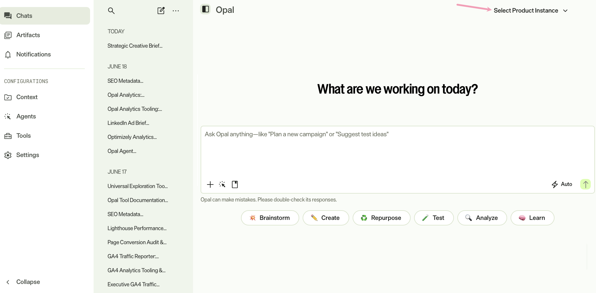 Screenshot of Opal Chat on the Opal website showing the chat interface and Set Product Instance drop-down list
