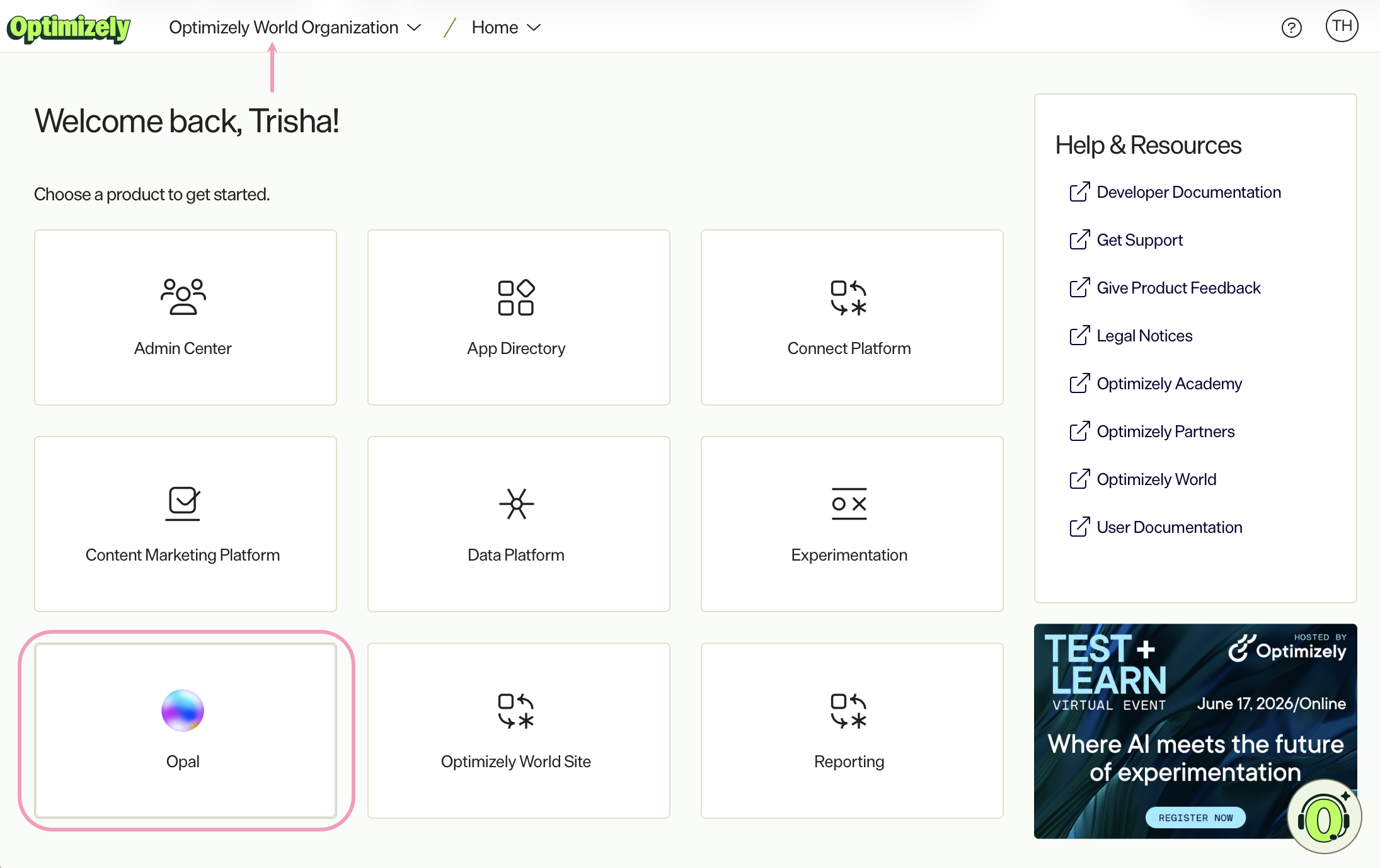 Screenshot of Optimizely Admin Center showing the Opal option for opening Opal Chat