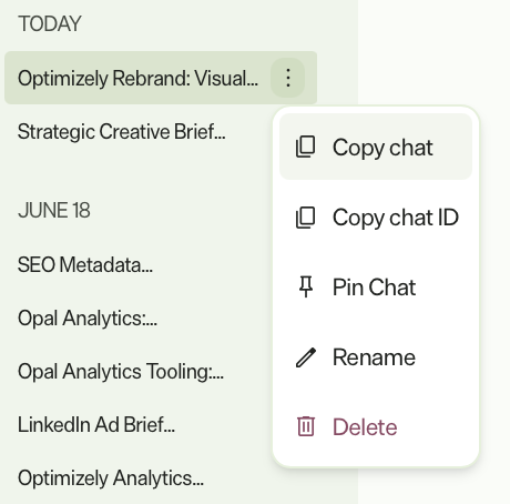 Screenshot of the chat thread options menu in Opal Chat showing options to copy the chat, copy the chat ID, rename the thread, and delete the chat thread