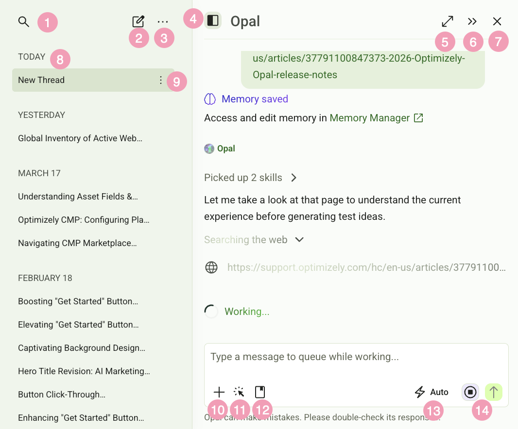 Screenshot of Optimizely Opal Chat in another Optimizely product with highlights on each important part.