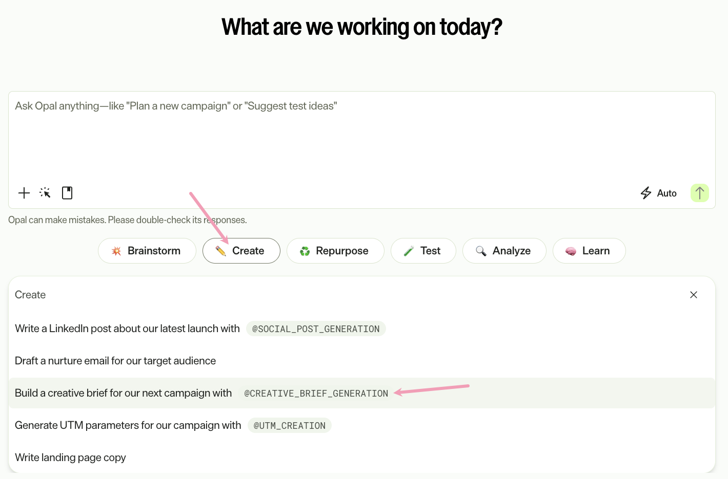 Screenshot of the Create category panel in Opal Chat where pre-populated prompt options display for selection.