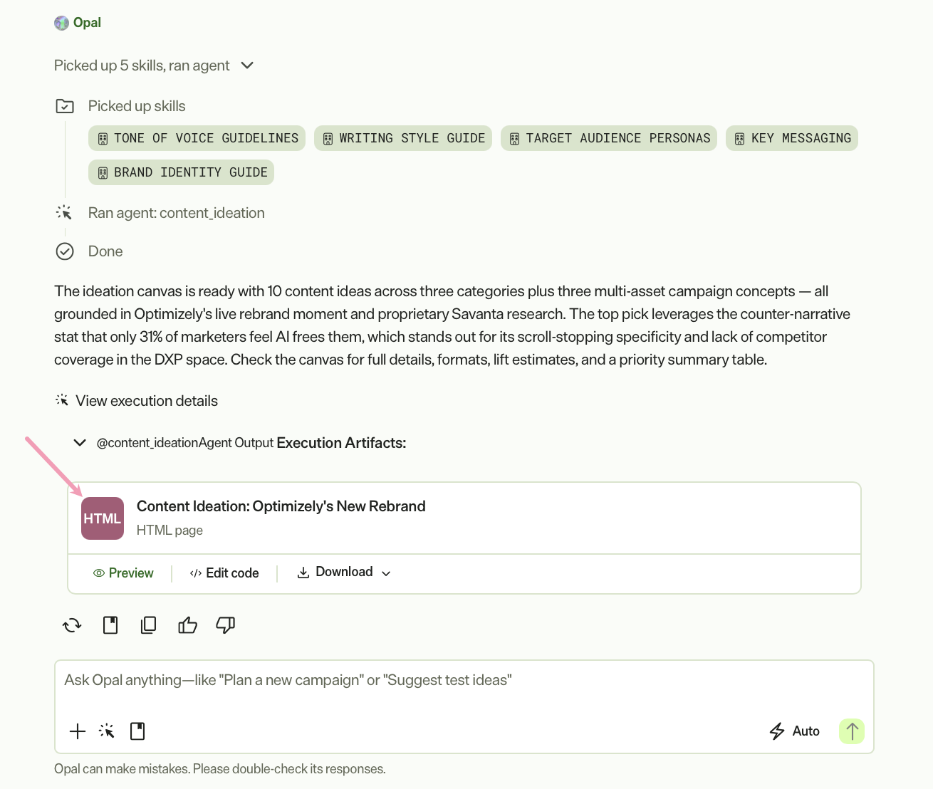 Screenshot of Opal Chat showing an agent response displayed as a canvas element