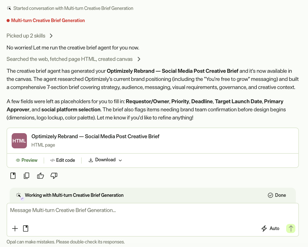 Screenshot of Opal Chat showing an active multi-turn agent session with a Working with agent name banner at the bottom of the chat and an agent-specific message input field