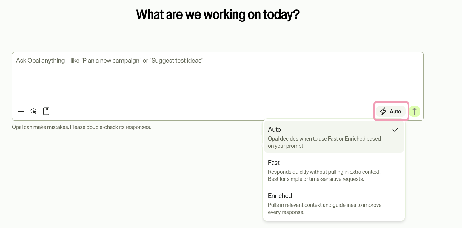 Screenshot of the Opal Chat input bar showing the chat mode selector with Auto, Fast, and Enriched options.